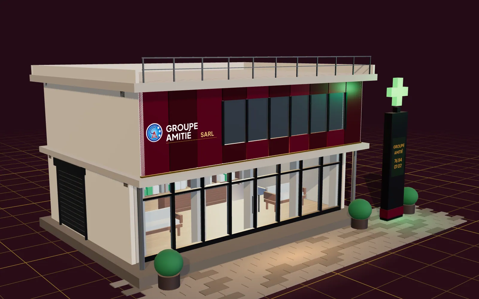 Illustration 3D : même bâtiment terminé, façade, vitrage et enseigne installés